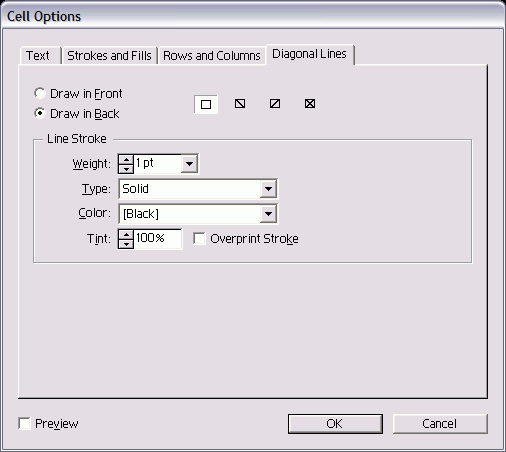 Вкладка Diagonal Lines диалогового окна Cell Options используется для добавления диагональных линий в ячейки 