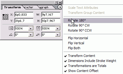 Команды Rotate и Flip в меню палитры Transform